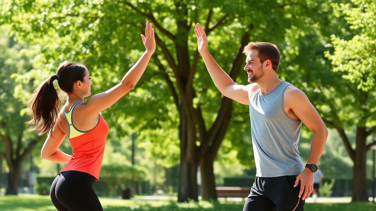 Two people in sportswear high-fiving after a workout in a sunny park